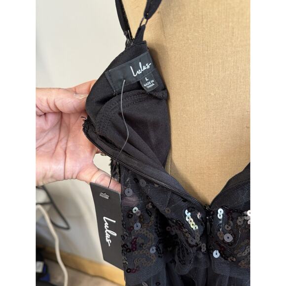 NWT LULUS Reflect Radiance Black Tulle Sequin Tiered Mini Dress L, Goth fairy - Picture 4 of 8